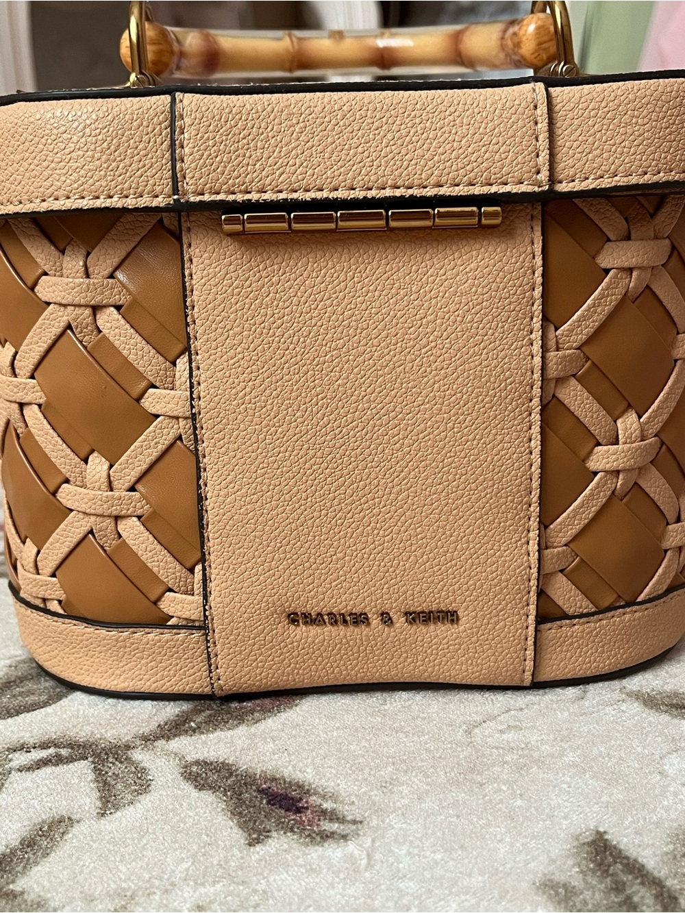 Charles & Keith Peach and Tan Woven Mini Top-Handle Bag - Picture 5 of 6